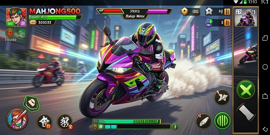 Tampilan antarmuka utama MAHJONG500 saat balapan motor.