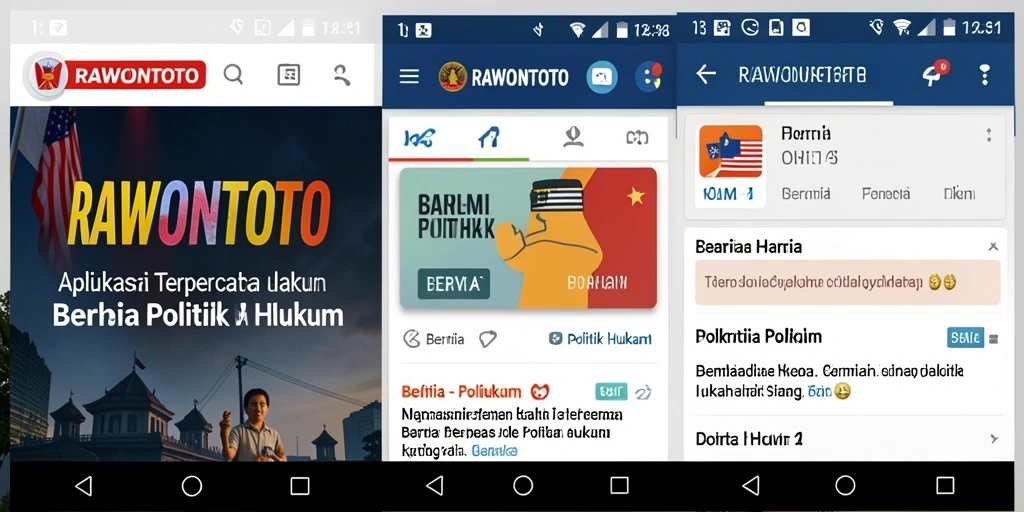 Antarmuka aplikasi RAWONTOTO menampilkan berita politik dan hukum terkini.
